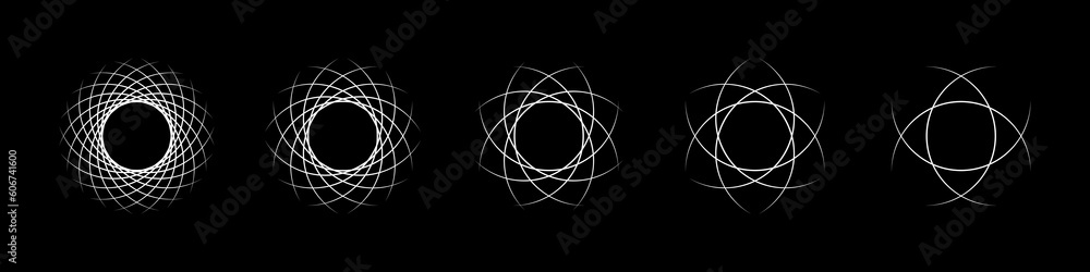 Poster pattern of overlapping arcs and circles, white line icons set vector illustration. abstract rings in