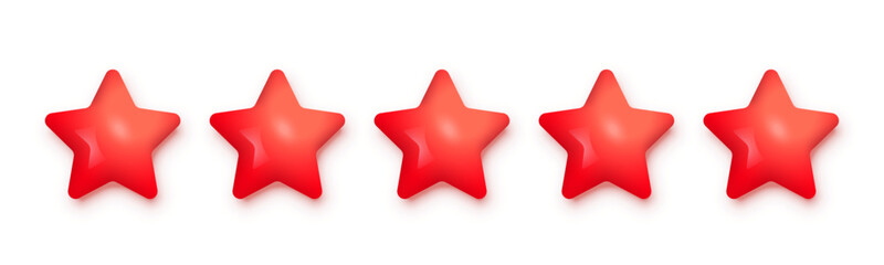 5 red stars for product review vector illustration. 3d five ranking symbols in row for feedback, satisfaction opinion on website service or mobile app isolated on white background - obrazy, fototapety, plakaty