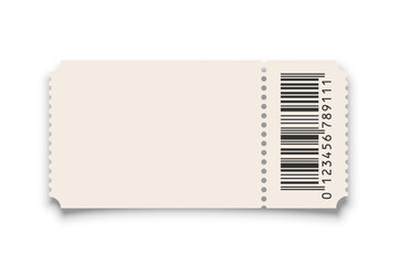 Theater, cinema ticket realistic vector template. Coupon, discount voucher mockup. Movie, raffle, carnival blank ticket with barcode and text space. Concert, event, festival paper admit layout