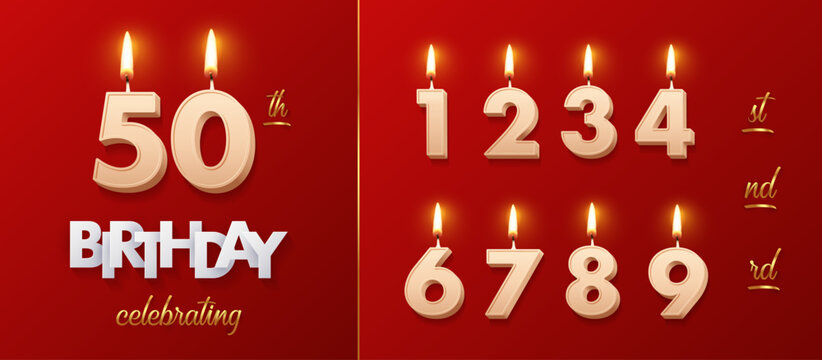 Birthday Candles With Fire For Anniversary Cake, 3D Realistic Beige Wax Numbers And Font