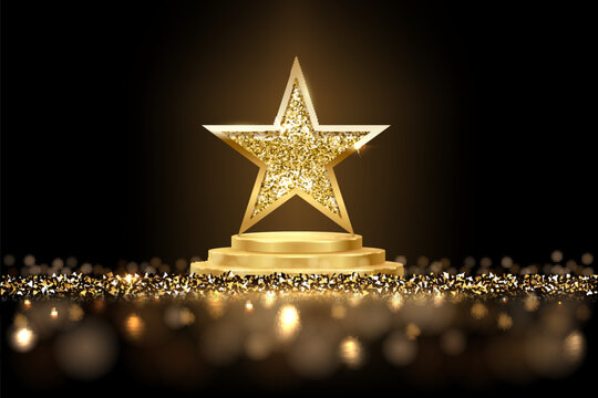 Golden three step podium with star glowing. Gold stage with glitter and light smoke on dark background. Hollywood fame in film and cinema or championship in sport vector illustration