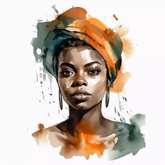 Naturally Beautiful Watercolor Portrait of a Black Woman Adorned with a Floral Headwrap, Celebrating Feminine Elegance and Cultural Grace in Artistic Watercolor Clipart, Created by Generative AI