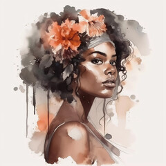 Naturally Beautiful Watercolor Portrait of a Black Woman Adorned with a Floral Headwrap, Celebrating Feminine Elegance and Cultural Grace in Artistic Watercolor Clipart, Created by Generative AI