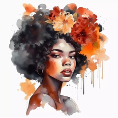 Naturally Beautiful Watercolor Portrait of a Black Woman Adorned with a Floral Headwrap, Celebrating Feminine Elegance and Cultural Grace in Artistic Watercolor Clipart, Created by Generative AI