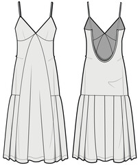 Summer Maxi Strap Dress with Frill Hem From Knee, Slip Dress   Front and Back View. Fashion Illustration, Vector, CAD, Technical Drawing, Flat Drawing, Template, Mockup.