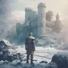 Title: Medieval knight in a winter landscape and looking at a ruined castle, lofi. generative AI