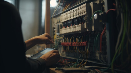 An electrician works with an electric cable. Generative AI