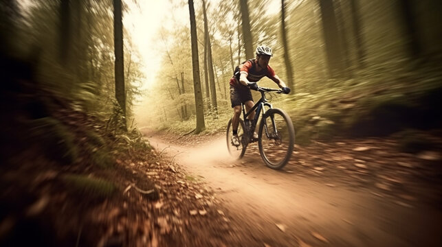 A man rides a bike through the forest. Generative AI