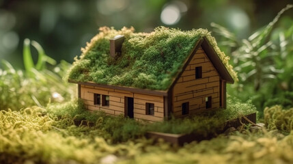 Hut on a green field covered with grass. Generative AI