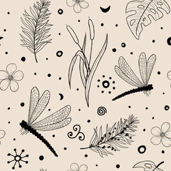 Seamless dragonfly graphic pattern. Dragonflies with flowers, branches and leaves, and cattails. Hand drawn insect illustration.