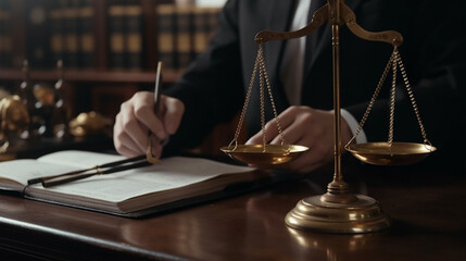Judging writes on papers in front of the scales of justice. Generative AI