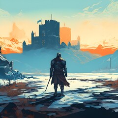 Medieval knight in a winter landscape and looking at a ruined castle. generative AI	