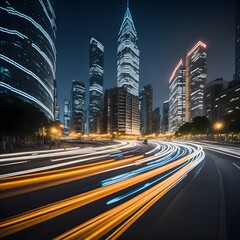Fototapeta na wymiar Nighttime cityscape with vibrant lights and architectural marvels. A long exposure creates captivating light trails, infusing energy, and dynamism