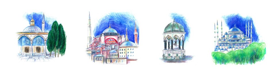 Istanbul city landmarks Hagia Sophia, Blue mosque, oriental archtecture - obrazy, fototapety, plakaty