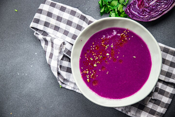 red cabbage cream soup first course purple dish meal food snack on the table copy space food background rustic top view 