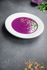 red cabbage cream soup first course purple dish meal food snack on the table copy space food background rustic top view 