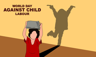 a girl in a red dress is working lifting a rock on the head with a shadow silhouette of a happy girl commemorating the World Day Against Child Labour/Labor on June 12
