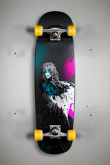 Image of a skateboard with cool painted artwork on it
(AI-generated fictional illustration)
