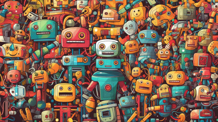 A collection of retro tin robot toys illustrated as a background. Generative Ai.