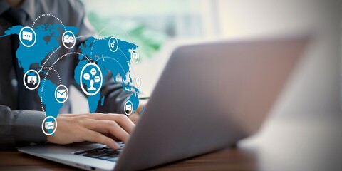 Email marketing, data center and internet advertising. Sending email digitally using email on laptop with world map background.