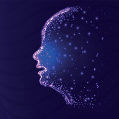 
Human head with glowing brain network, consciousness, artificial intelligence on a blue background.