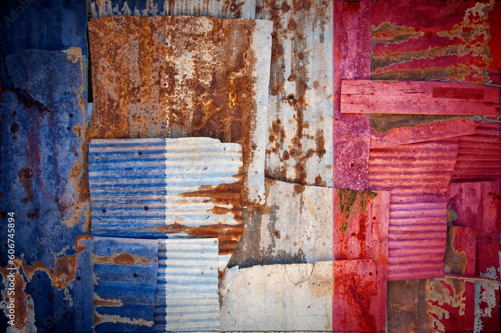 Wall mural Abstract background of the flag of France painted on rusty corrugated iron sheets