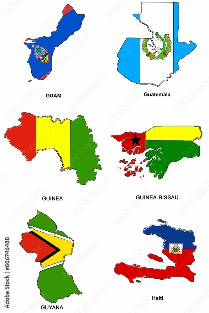 Poster collection of maps of different countries isolated on a white background