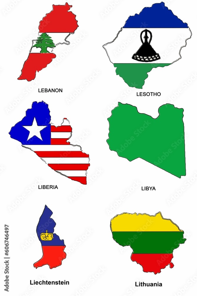 Poster collection of maps of different countries isolated on a white background