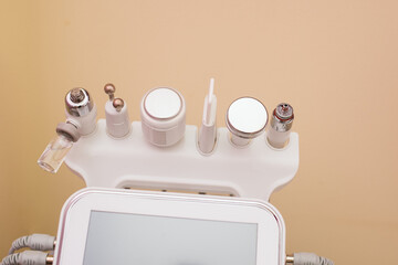 Attachments to the HydraFacial device for facial skin care in a spa clinic to combat acne or aging....