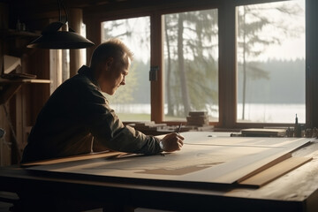 Fototapeta premium A male architect makes architectural drawings at a large table in a modern country house. Photorealistic illustration generated by AI.