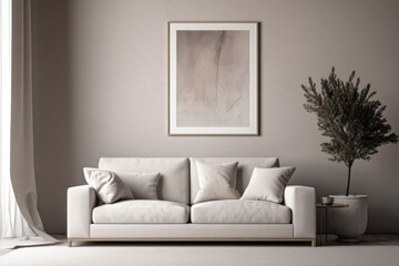 A grey couch and a potted ficus in a modern living room. Photorealistic illustration generative AI.