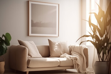 A beige sofa and a potted ficus in a sunny, bright modern living room. Photorealistic illustration generative AI.