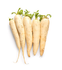 Fresh daikon radishes on white background