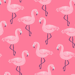 Seamless pattern with flamingos on a pink background. Vector graphics.