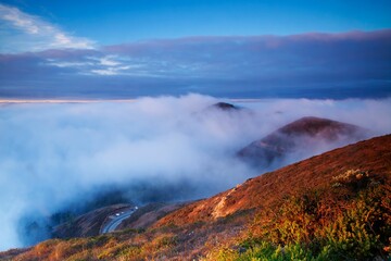 Low fog on the Marin headlands in San Francisco Bay in California at sunset