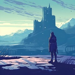 Medieval knight in a winter landscape and looking at a ruined castle. generative AI	