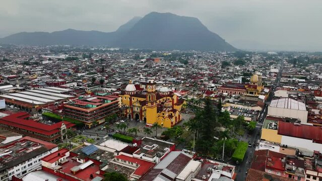 Aerial view around the colorful Orizaba Cathedral, in cloudy Veracruz, Mexico