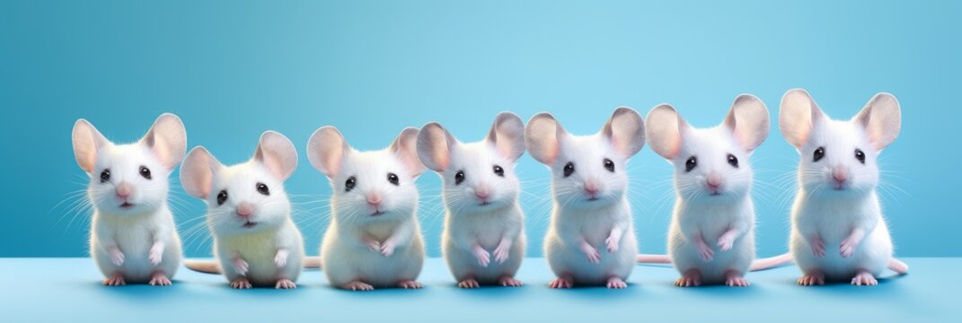 Seven adorable white mice on pastel blue background. Cartoon style. Banner, poster, Birthday greeting card. AI image digital design. 
