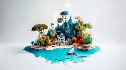 Paper craft illustration of Beautiful tropical island in the ocean with palm trees, sand beach, nature. Ai generative
