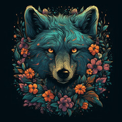 Colorful wolf with flowers
