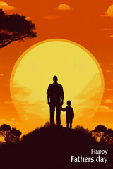 Silhouette of father and child in sunset with "Happy Fathers Day" text, Create using generate AI tools