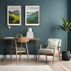 Frame mockup in living room interior design with lights artificial intelligence illustration Generative AI 
