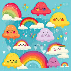 Cloud and rainbow design. Beautiful rainbow and cloud cartoon design collection on white backgrounds. Clouds and rainbows illustration with happy faces. Rainbow illustration set. AI generated.