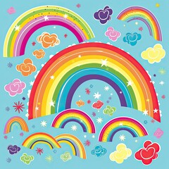 Cloud and rainbow design collection. Cute rainbows with happy faces. Rainbow and cloud cartoon design. Clouds and rainbows illustration with happy faces. Rainbow illustration set. AI generated.