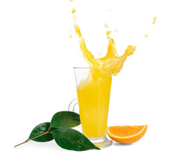 Naklejka na ściany i meble Glass of fresh orange juice with splashes on white background