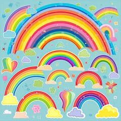 Cloud and rainbow design. Cute rainbows with happy faces. Beautiful rainbow and cloud cartoon design collection on white backgrounds. Clouds and rainbows illustration with happy faces. AI generated.