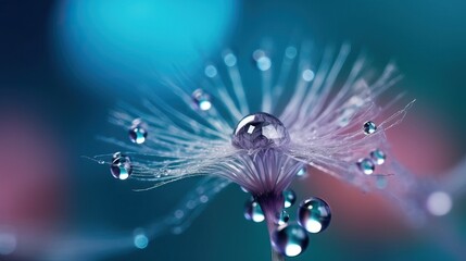 A drop of water on dandelion parachute on beautiful dark blue background. Bright elegant colorful artistic image of beauty of nature