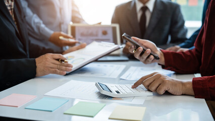 Business people team meeting planning ideas, demographic survey, cash flow, business combination,...