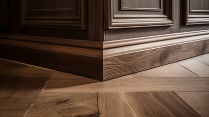 Wooden door and laminate flooring, interior design concept. molding, panels, concept photo. Created with generative AI.