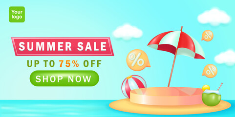 Summer Sale Banner. Podium in the middle of the sea, beach umbrella, 3d text ball discount word element. Podium with summer and beach theme. Suitable for ad templates